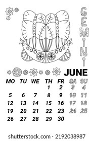 Calendar page 2023 june in steampunk style. Illustration of the zodiac sign gemini in the form of a fabulous steampunk-style airship decorated with gears.   doodle style.