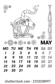 Calendar page 2023 may in steampunk style. Illustration of the zodiac sign taurus in the form of a fabulous steampunk-style airship decorated with gears.   doodle style.