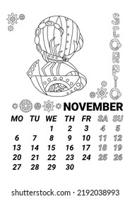 Calendar page 2023 november in steampunk style. Illustration of the zodiac sign scorpio  in the form of a fabulous steampunk-style airship decorated with gears.   doodle style.