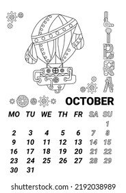 Calendar page 2023 october in steampunk style. Illustration of the zodiac sign libra in the form of a fabulous steampunk-style airship decorated with gears.   doodle style.