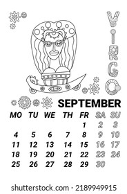 Calendar page 2023 september in steampunk style. Illustration of the zodiac sign virgo in the form of a fabulous steampunk-style airship decorated with gears.   doodle style.