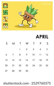 Calendar page 2025 April. Flowerpot character. Spring season month. Planner and organizer. Scheduling and planning. Week and month. Booklet and brochure. Flat vector illustration