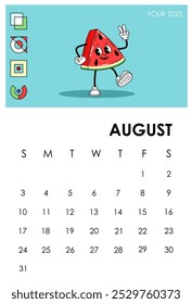 Calendar page 2025 August. Strawberry character. Summer season month. Planner and organizer. Scheduling and planning. Week and month. Poster or banner. Flat vector illustration