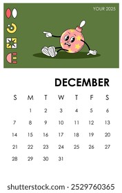 Calendar page 2025 December. Giftbox character. Winter season month. Planner and organizer. Scheduling and planning. Week and month. Poster or banner. Flat vector illustration