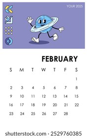 Calendar page 2025 February. Globe character. Winter season month. Planner and organizer. Scheduling and planning. Poster or banner for website. Flat vector illustration