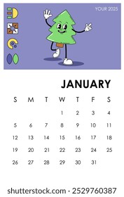 Calendar page 2025 January. Christmas tree character. Winter season month. Planner and organizer. Scheduling and planning. Graphic element for website. Flat vector illustration