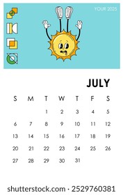 Calendar page 2025 July. Strawberry character. Summer season month. Planner and organizer. Scheduling and planning. Week and month. Holiday and event. Flat vector illustration