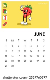 Calendar page 2025 June. Strawberry character. Summer season month. Planner and organizer. Scheduling and planning. Week and month. Graphic element for website. Flat vector illustration