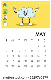 Calendario 2025 mayo. Carácter de nube. Mes de la temporada de primavera. Planificador y organizador. Programación y planificación. Semana y mes. Folleto y folleto. Ilustración vectorial plana