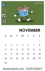 Calendar page 2025 November. Giftbox character. Autumn season month. Planner and organizer. Scheduling and planning. Week and month. Booklet and brochure. Flat vector illustration