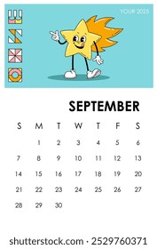 Calendar page 2025 September. Burning star character. Autumn season month. Planner and organizer. Scheduling and planning. Week and month. Poster or banner. Flat vector illustration