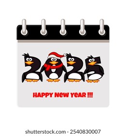 Calendar page of 2025-Happy New Year with penguin numbers. Calendar Date. Cartoon illustration. 3D Illustration