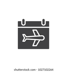 Calendar page with airplane vector icon. filled flat sign for mobile concept and web design. Travel schedule simple solid icon. Symbol, logo illustration. Pixel perfect vector graphics