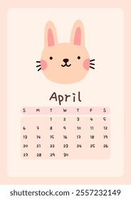 Calendar page for April 2025, week starts on Sunday. Cute design with a bunny in pastel colors. Perfect for kids nursery, home or office decor. Schedule for planning, organization.