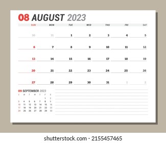 Calendar page for August 2023. Monthly planner. Stationery design. Week starts on Sunday. Vector illustration