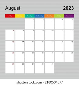 Calendar page for August 2023, wall planner with colorful design. Week starts on Sunday. Vector calendar template.