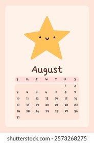 Calendar page for August 2025, week starts on Sunday. Cute design with a star in pastel colors. Perfect for kids nursery, home or office decor. Schedule for planning, organization.