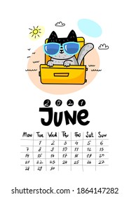 Calendar page with cute cat on white background. Wall monthly calendar or desk calendar 2021. June Month. Vector illustration.