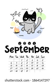 Calendar page with cute cat on white background. Wall monthly calendar or desk calendar 2021. September Month. Vector illustration.