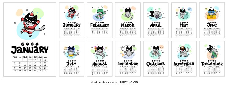 Calendar page with cute cat on white background. Wall monthly calendar or desk calendar 2021. Vector illustration.