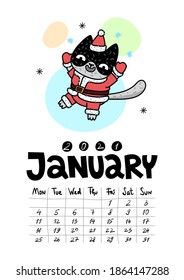 Calendar page with cute cat in Santa dress on white background. Wall monthly calendar or desk calendar 2021. January Month. Vector illustration.