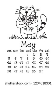 Calendar page with cute doodle cat isolated on white background. Wall monthly calendar or desk calendar 2019. May Month. Hand drawing style.