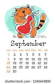 Calendar page with cute doodle cat isolated on white background. Wall monthly calendar or desk calendar 2019. September Month. Hand drawing style.