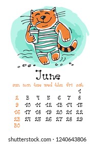 Calendar page with cute doodle cat isolated on white background. Wall monthly calendar or desk calendar 2019. June Month. Hand drawing style.