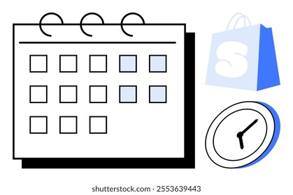 Calendar page with dates marked, clock pointing to a specific time and shopping bag icon Ideal for time management scheduling planning e-commerce appointments retail business Simple modern design