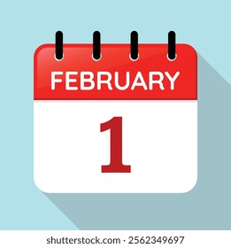 Calendar Page Day February 1st. Red, White and Blue Vector. Long Shadow. Date Illustration. Serif Font. Feb 1.