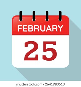Calendar Page Day February 25th. Red, White and Blue Vector. Serif Font. Long Shadow. Date Illustration. Feb 25.