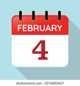 Calendar Page Day February 4th. Red, White and Blue Vector. Long Shadow. Date Illustration. Serif Font. Feb 4.