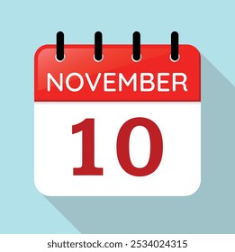 Calendar Page Day November 10th. Red, White and Blue Vector. Long Shadow. Nov 10. Date Illustration. Serif Font.