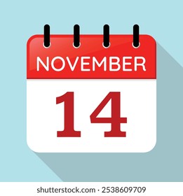 Calendar Page Day November 14th. Red, White and Blue Vector. Long Shadow. Nov 14. Serif Font. Date Illustration. Fourteenth.