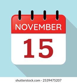 Día de la página del calendario 15 de noviembre. Vector rojo, blanco y azul. Sombra Larga. 15 de noviembre. Fuente Serif. Ilustración de fecha. Decimoquinta.