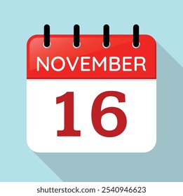 Calendar Page Day November 16th. Red, White and Blue Vector. Long Shadow. Nov 16. Serif Font. Date Illustration. Sixteenth.