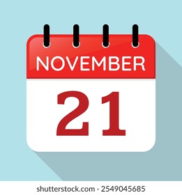 Calendar Page Day November 21st. Red, White and Blue Vector. Long Shadow. Nov 21. Date Illustration. Serif Font.