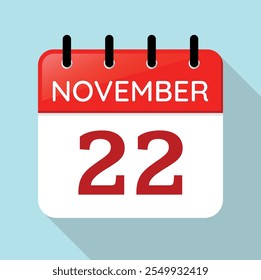 Calendar Page Day November 22nd. Red, White and Blue Vector. Long Shadow. Date Illustration. Serif Font. Nov 22.