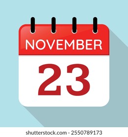 Calendar Page Day November 23rd. Red, White and Blue Vector. Long Shadow. Date Illustration. Serif Font. Nov 23.