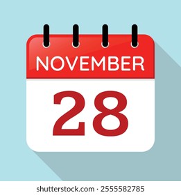 Calendar Page Day November 28th. Red, White and Blue Vector. Long Shadow. Date Illustration. Serif Font. Nov 28.