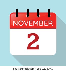 Calendar Page Day November 2nd. Red, White and Blue Vector. Long Shadow. Date Illustration. Nov 2. Serif Font.