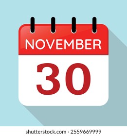 Calendar Page Day November 30th. Red, White and Blue Vector. Long Shadow. Date Illustration. Serif Font. Nov 30.