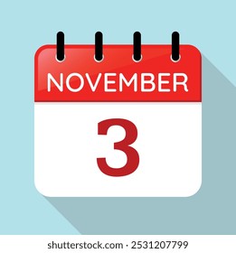 Calendar Page Day November 3rd. Red, White and Blue Vector. Long Shadow. Date Illustration. Serif Font. Nov 3.