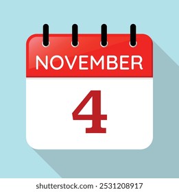 Calendar Page Day November 4th. Red, White and Blue Vector. Long Shadow. Date Illustration. Serif Font. Nov 4.