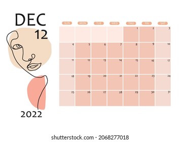 Calendar page for December 2022 decorated with abstract woman's face. Good for planners, prints, wallpaper, cards, organizers, etc. EPS 10