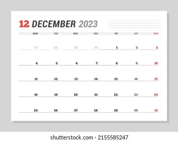 Calendar page for December 2023. Monthly planner. Stationery design. Week starts on Monday. Vector illustration