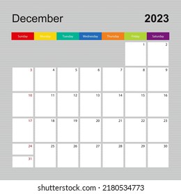 Calendar page for December 2023, wall planner with colorful design. Week starts on Sunday. Vector calendar template.