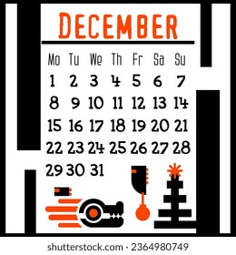 A calendar page for December 2024 with a cute geometric dragon. Isolated on a white. The symbol of the year of the dragon. A dragon with a Christmas tree and toys. Vector illustration. Black Orange