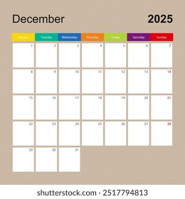 Página do calendário para dezembro de 2025, planejador de parede com design colorido. A semana começa na segunda. Modelo de calendário vetorial.