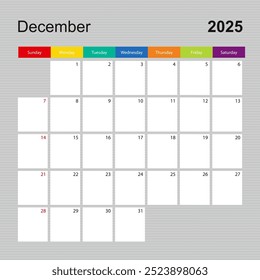 Página do calendário para dezembro de 2025, planejador de parede com design colorido. A semana começa no domingo. Modelo de calendário vetorial.